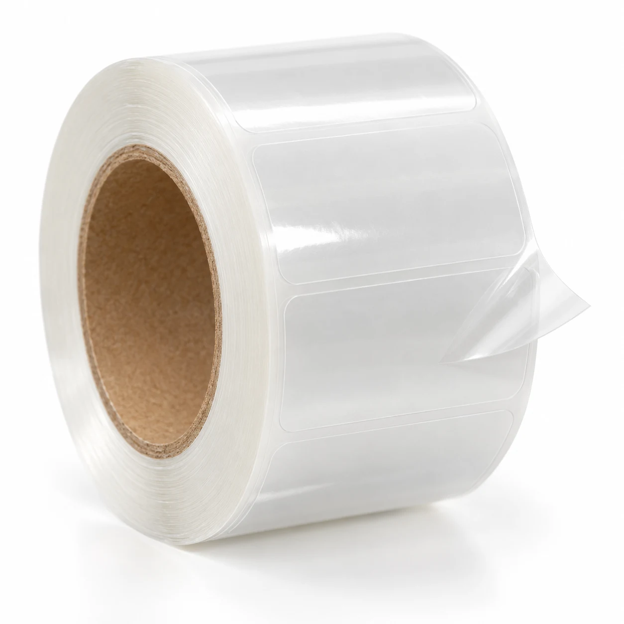 Roll of clear removable film labels seen from the end