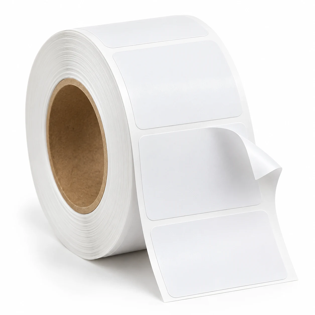 Roll of white removable labels with the face peeling away from the web