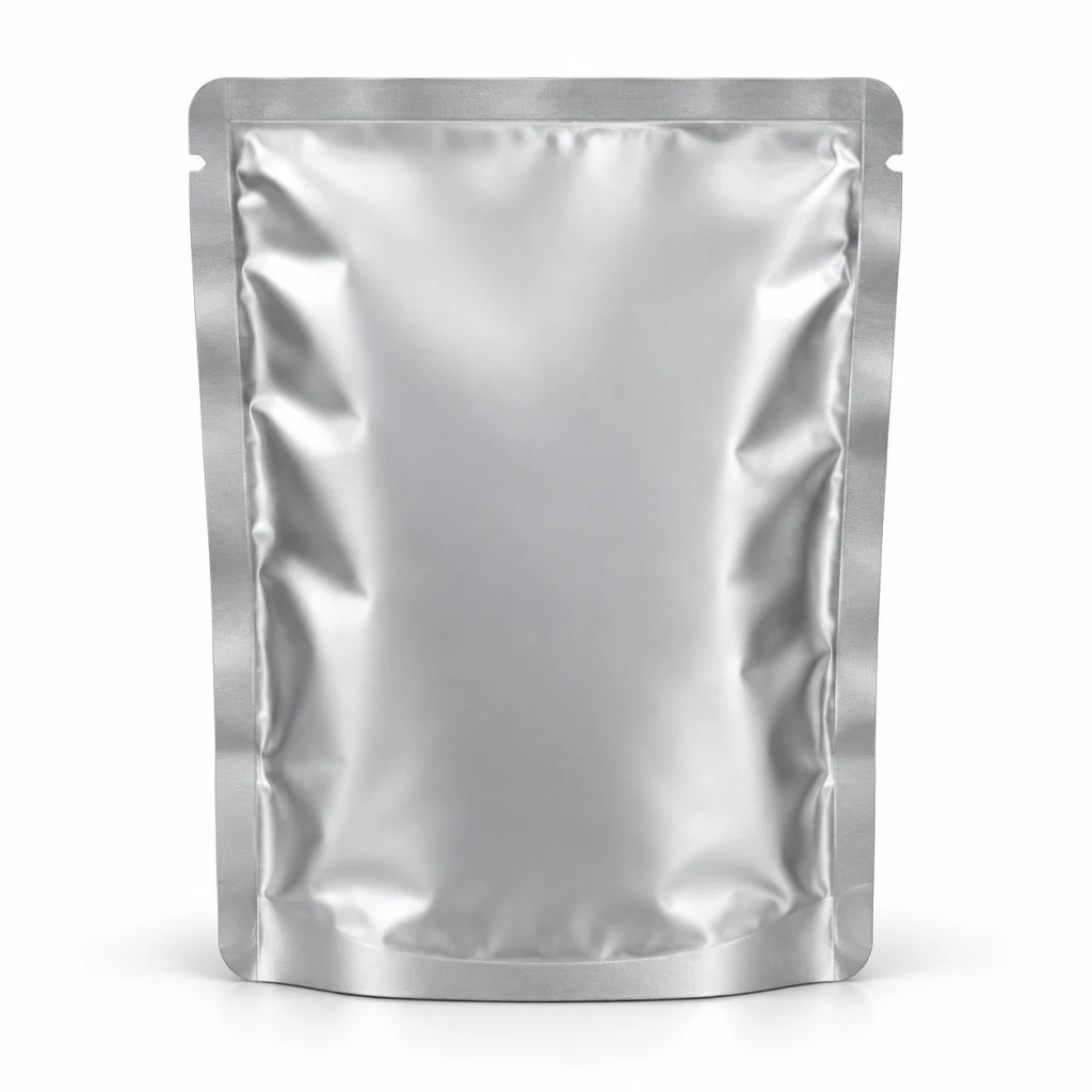 Retort pouch in silver foil laminate, unfilled, seen from the front