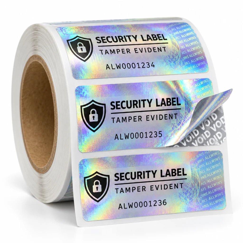 Roll of holographic tamper-evident security labels, each serial numbered