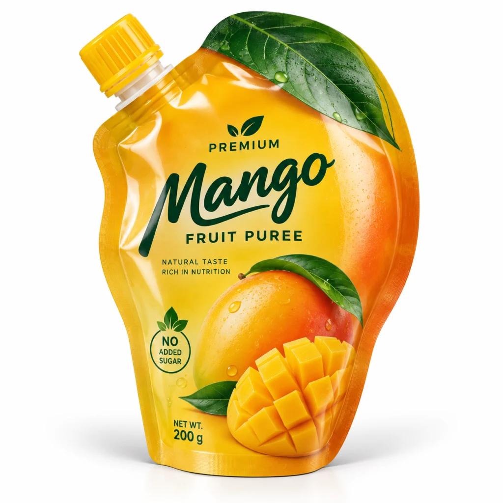 Contour-cut mango puree pouch with a yellow spout cap