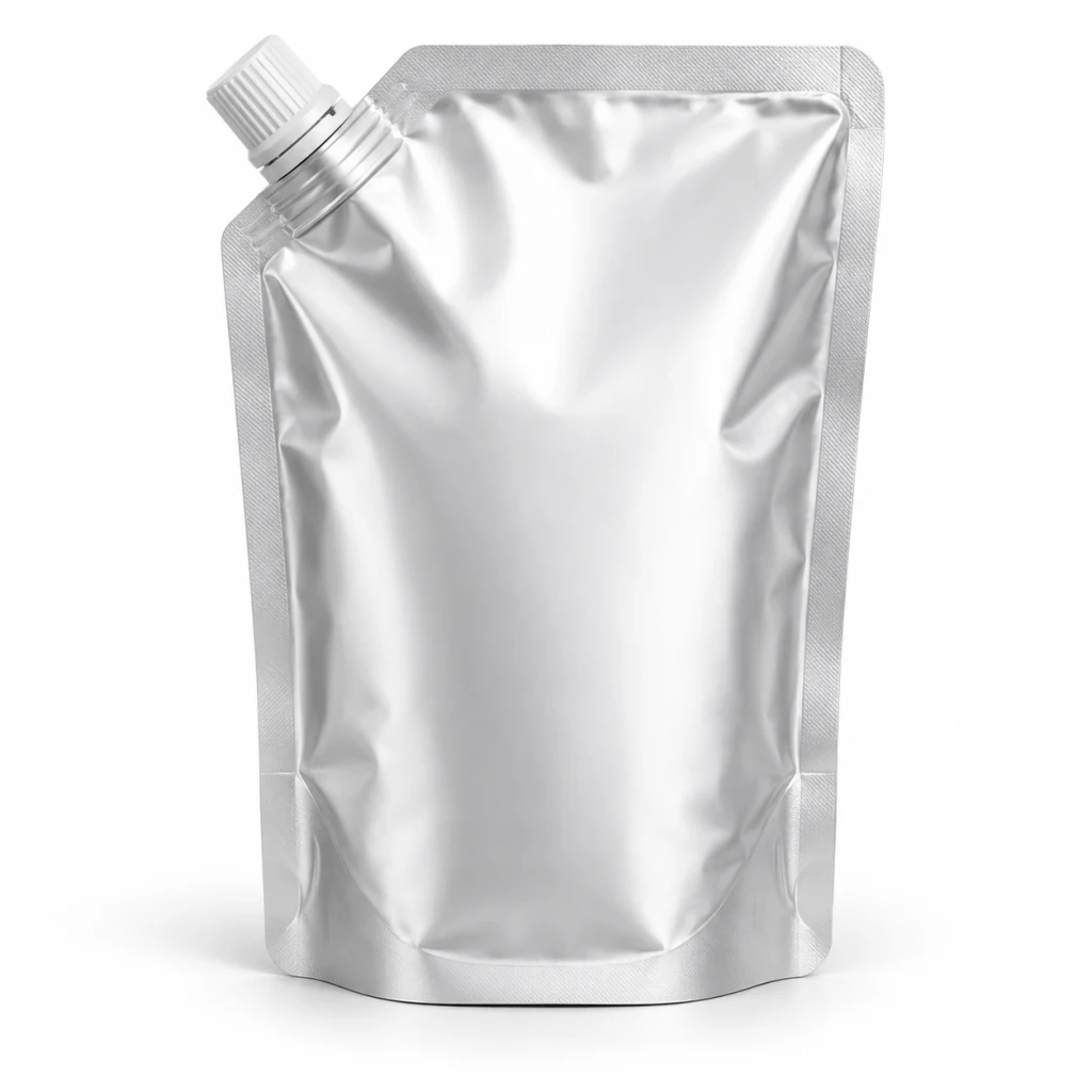 Stand-up spout pouch in silver foil with a white screw cap