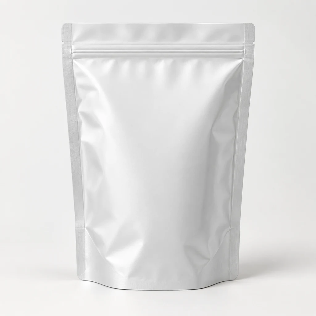 Stand-up pouch in matt white with a press-to-close zip, seen from the front