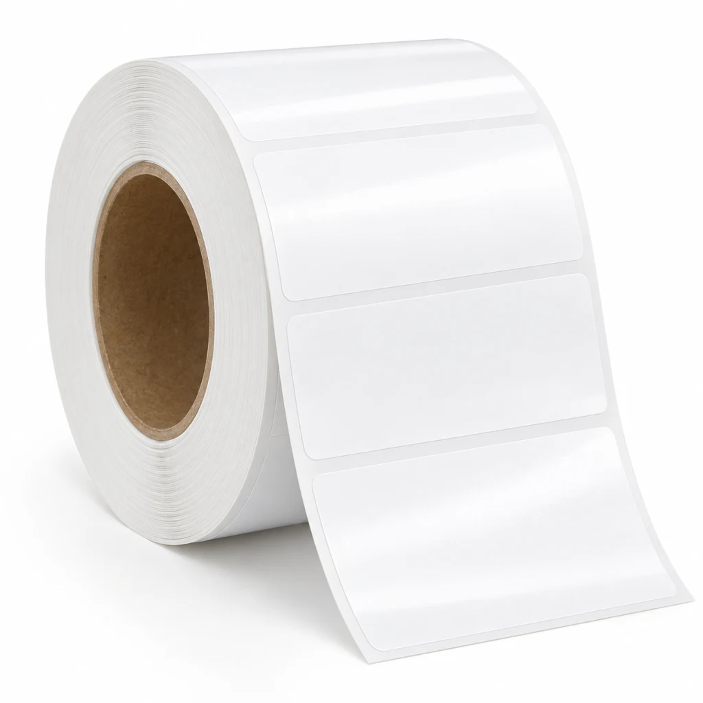 Roll of white synthetic PP labels with a matt face, partly unwound