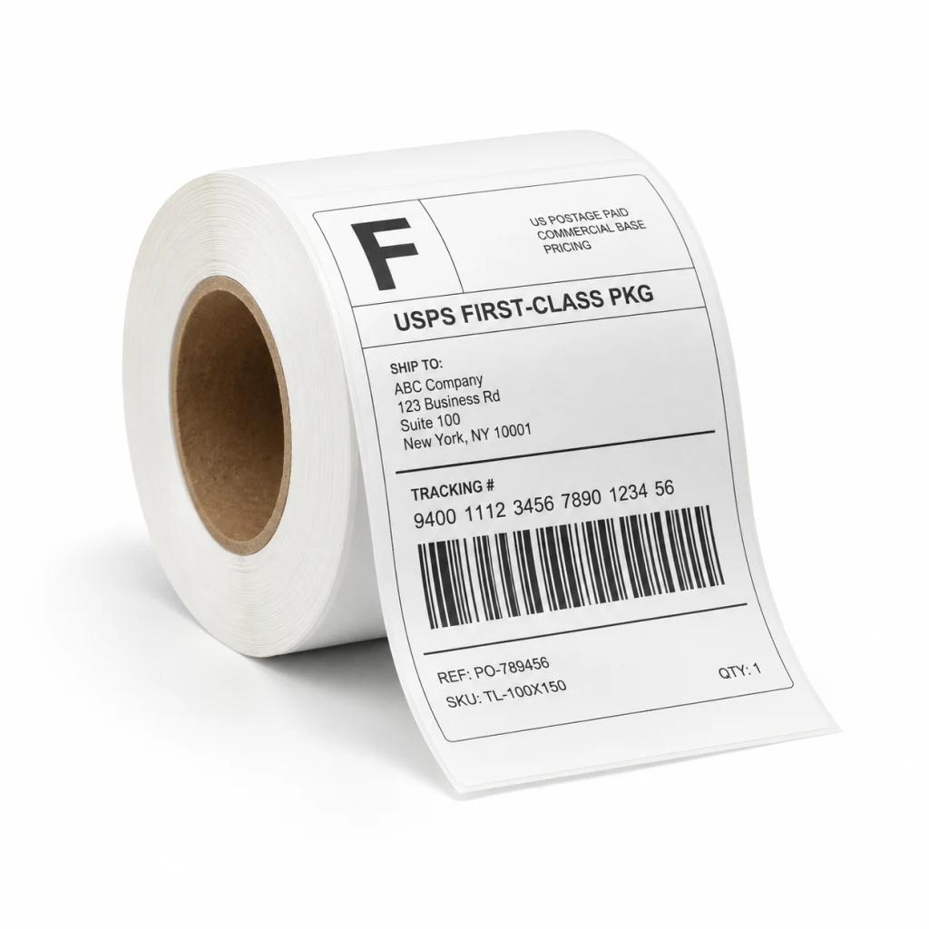 Direct thermal shipping label printed with a barcode and an address block