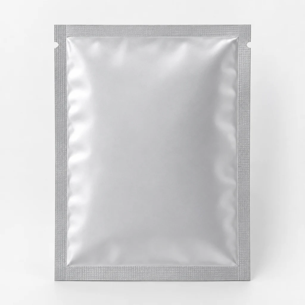 Three-side-seal pouch in matt silver foil, flat and unfilled, seen from the front