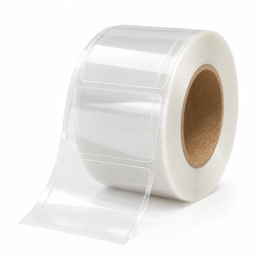 Roll of clear PET labels unwound to show the no-label look