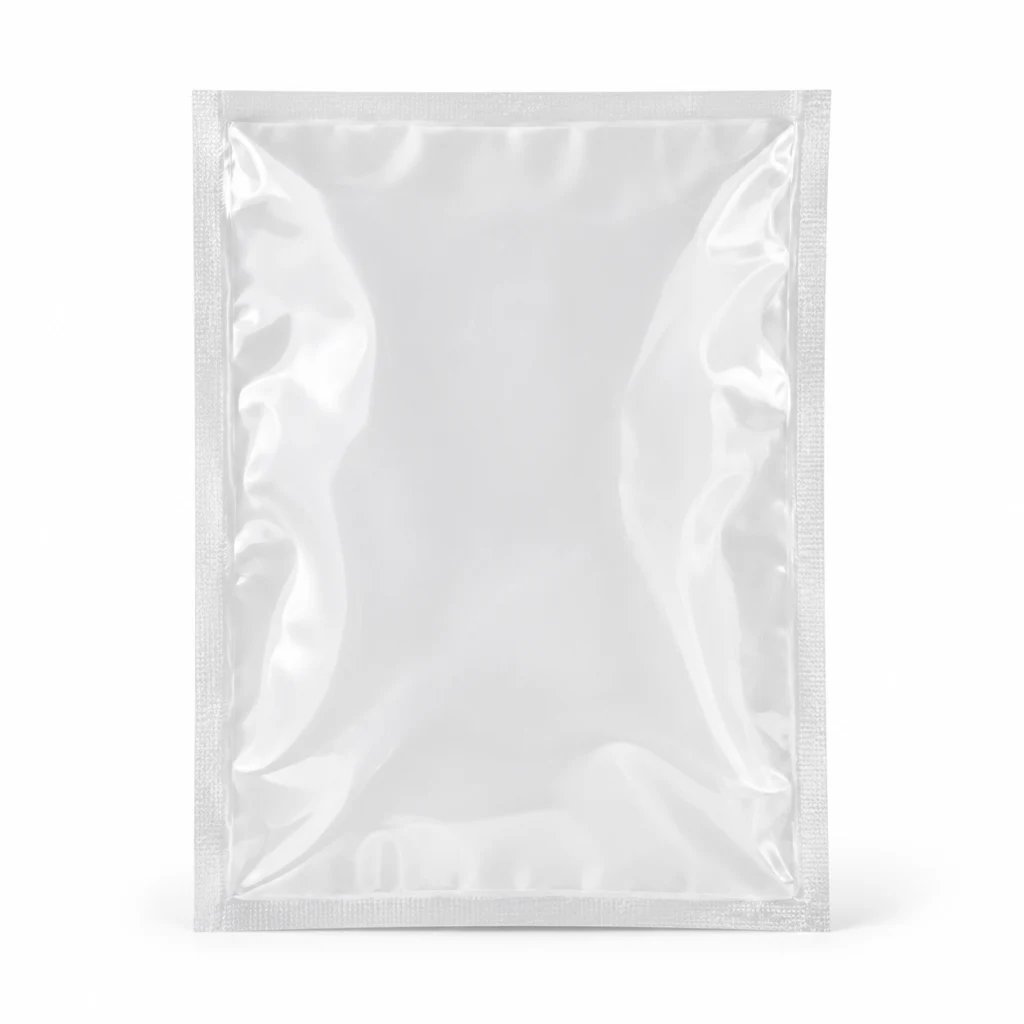 Clear vacuum pouch, empty, showing the smooth high-barrier film