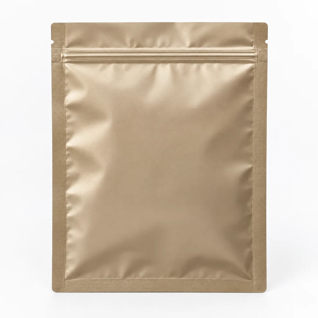 Kraft paper zipper pouch, flat, with the press-to-close zip across the top