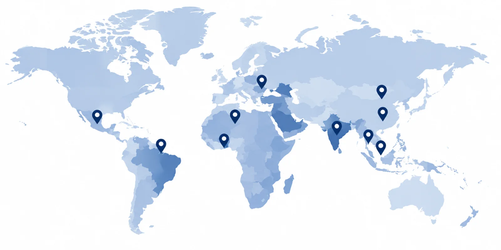 A blue world map with location pins on Mexico, Brazil, West and North Africa, Eastern Europe, the Middle East, India, Southeast Asia and China — the markets ALLWINS Group ships packaging to