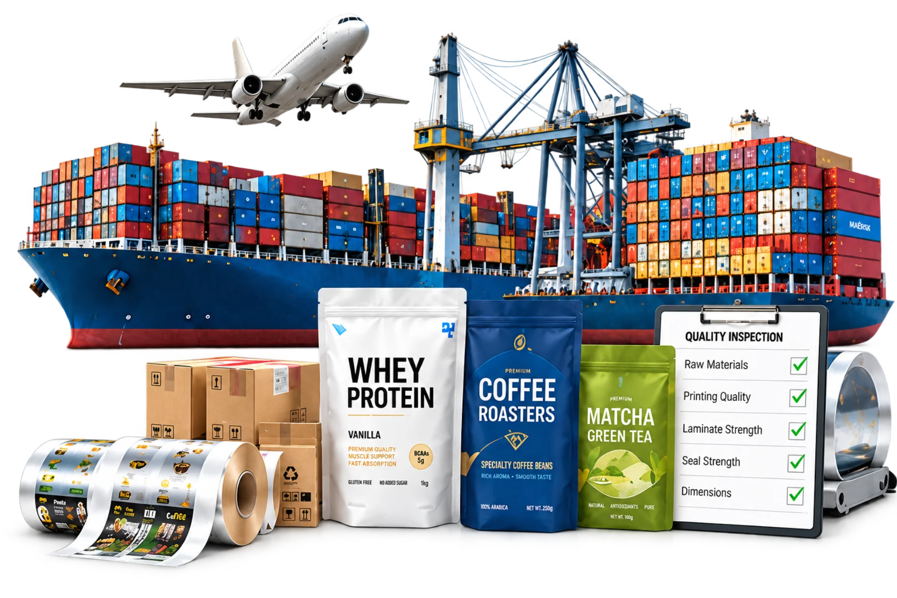 A loaded container ship under a quayside crane with a cargo aircraft overhead, in front of export cartons, printed film reels, whey protein, coffee and matcha pouches and a ticked quality inspection checklist — ALLWINS global sourcing from China