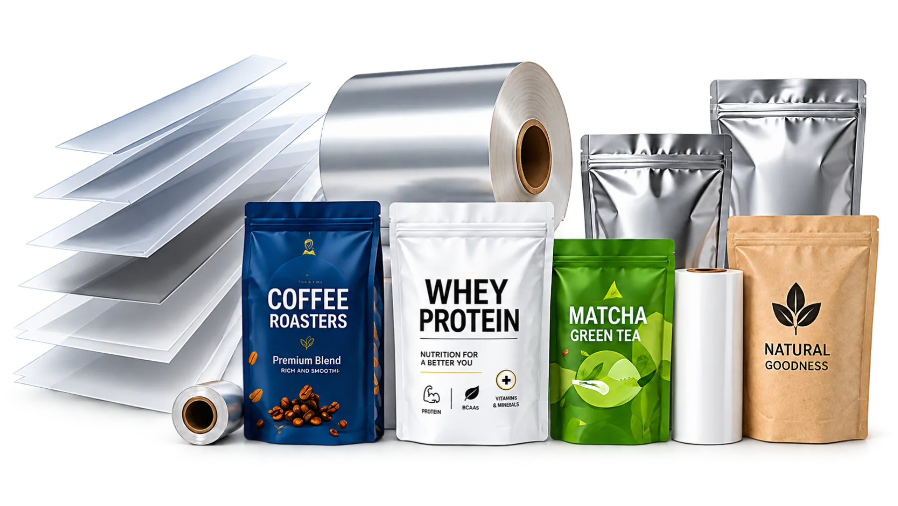 Fanned clear laminate sheets, an aluminium foil reel, a clear film roll, a coffee bag, whey protein and matcha pouches, silver retort pouches and a kraft pouch — the ALLWINS materials and barrier structures range