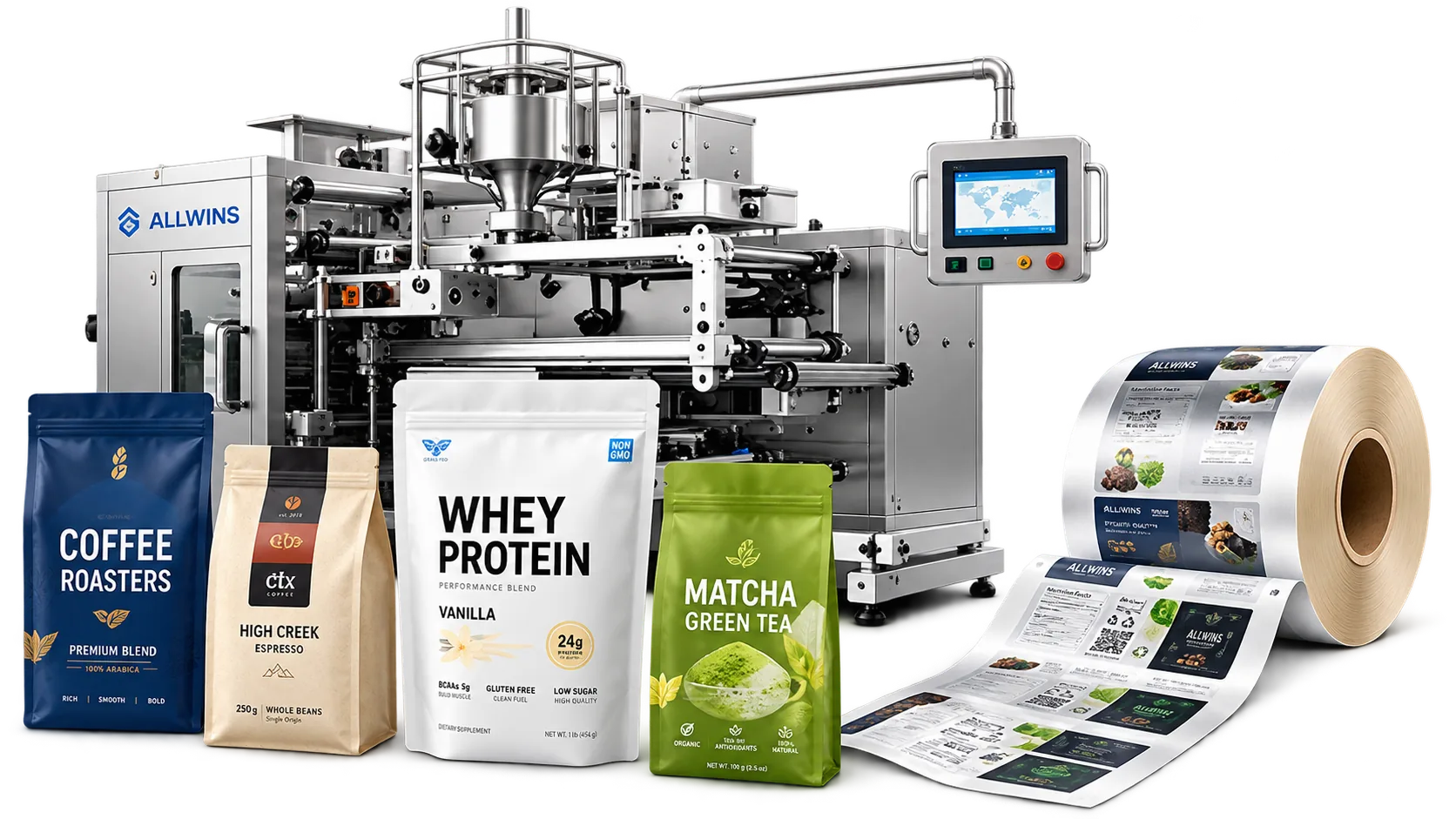 ALLWINS packaging machine with finished coffee, protein and matcha pouches and a printed film reel