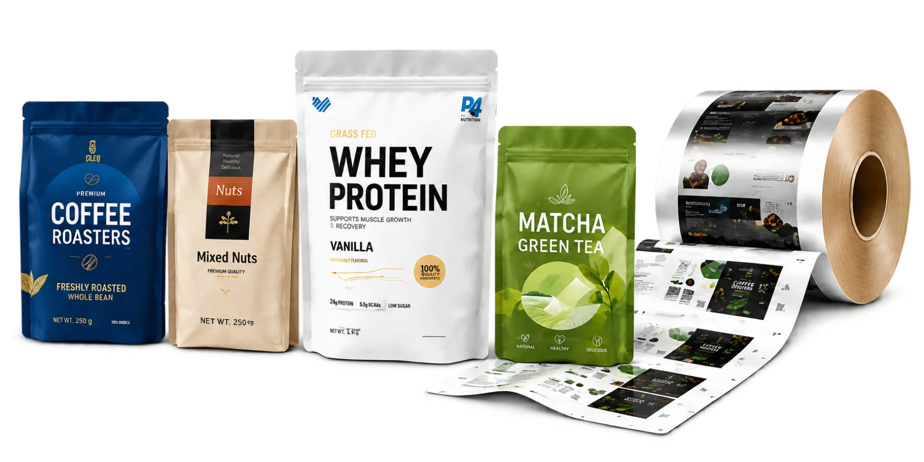 A navy coffee bag, kraft mixed nuts pouch, white whey protein pouch and green matcha pouch beside a printed rollstock film reel unwinding onto printed sheets — the ALLWINS flexible packaging range
