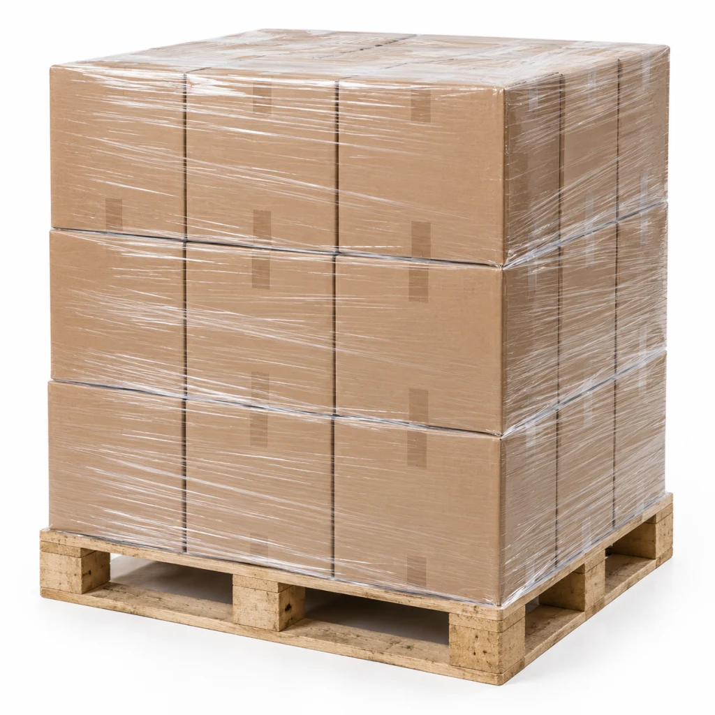 Cartons stretch-wrapped on a pallet, three layers high, ready to ship