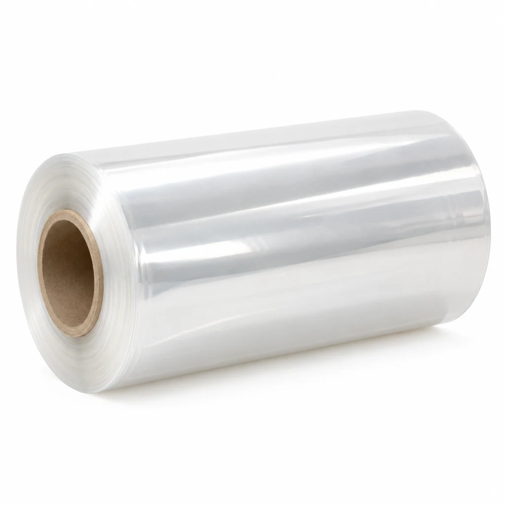 Roll of clear POF shrink film seen from the end