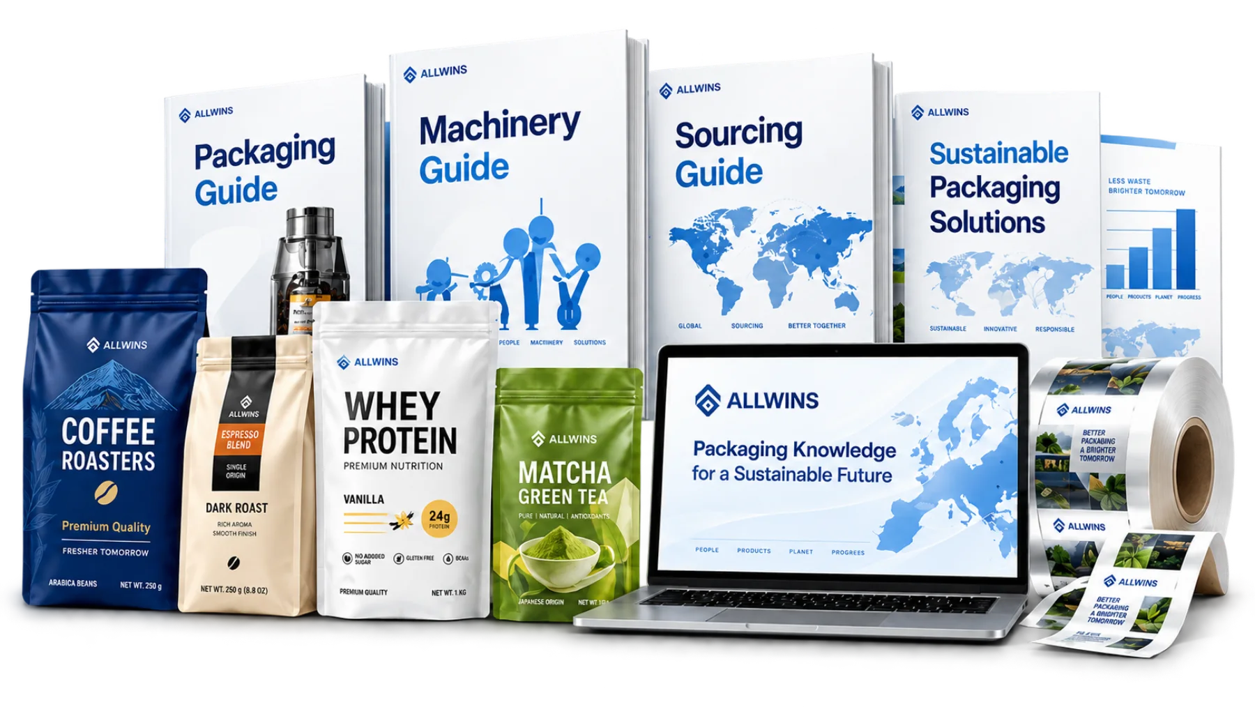Printed ALLWINS packaging, machinery, sourcing and sustainable packaging guides standing behind coffee, whey protein and matcha pouches, a laptop showing packaging knowledge and a printed label reel
