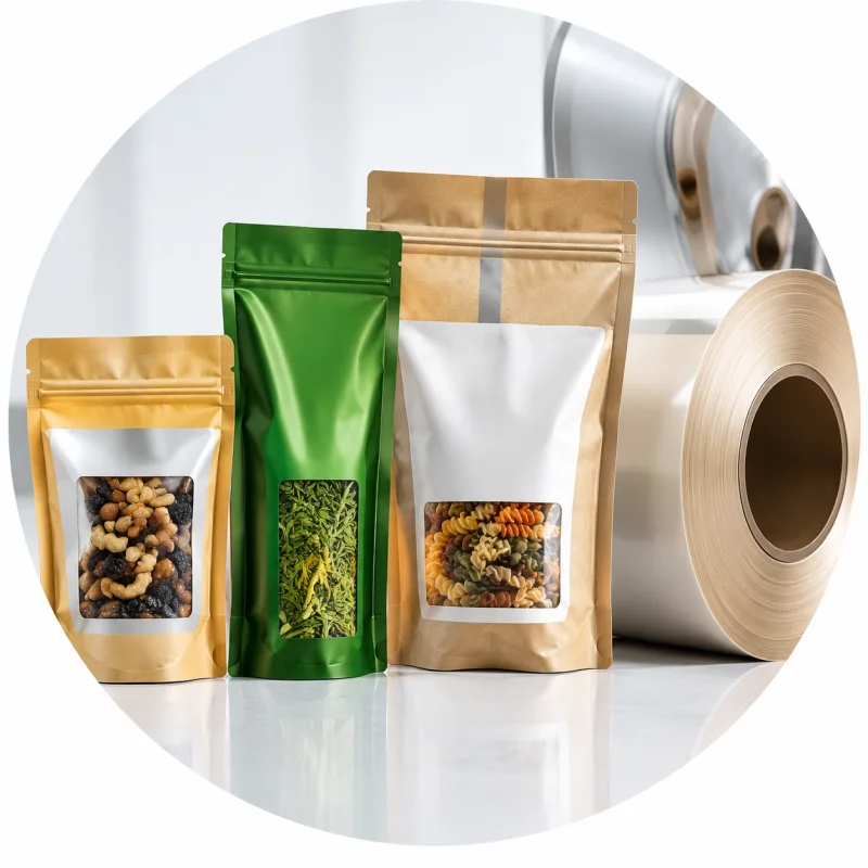 Kraft and green stand-up window pouches holding nuts, dried tea and pasta, in front of a laminate film reel — the ALLWINS material matching step