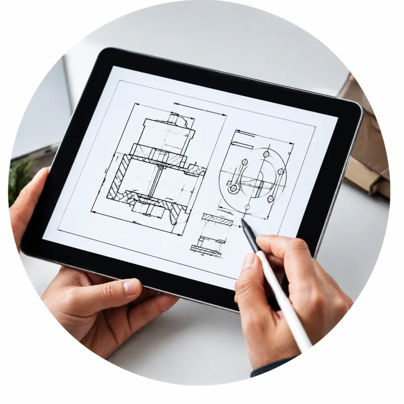 Hands holding a tablet showing a technical drawing of a packaging machine part, marked up with a stylus — the ALLWINS packaging planning step