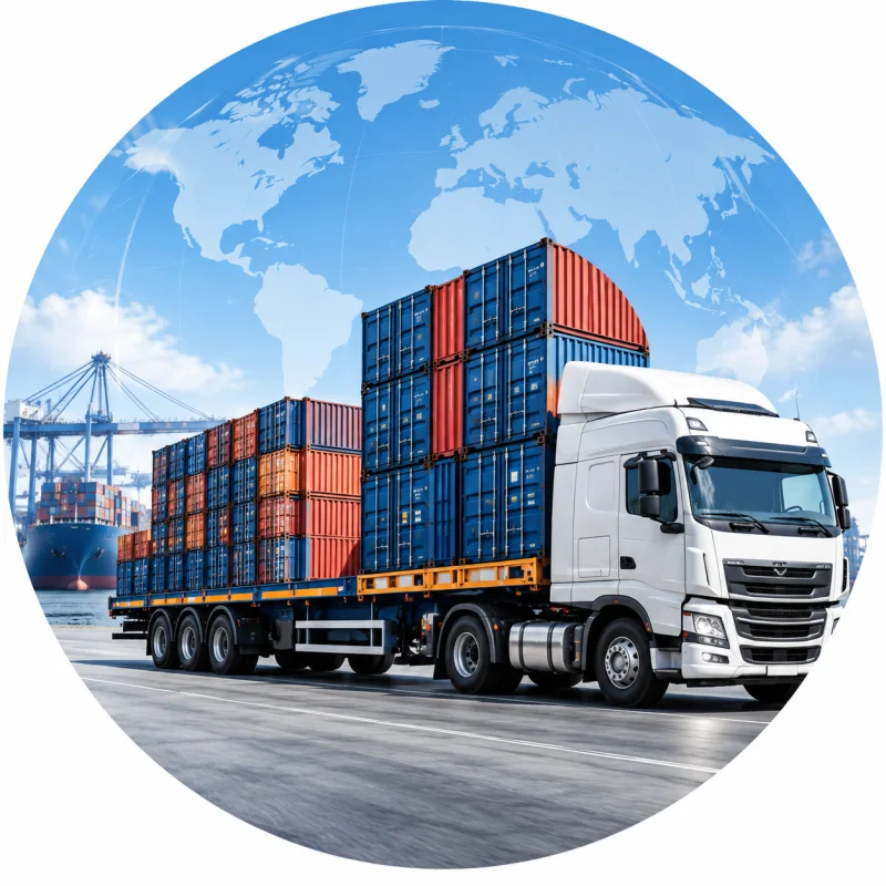 A haulage truck carrying stacked shipping containers away from a port crane, against a world map globe — the ALLWINS production, inspection and delivery step