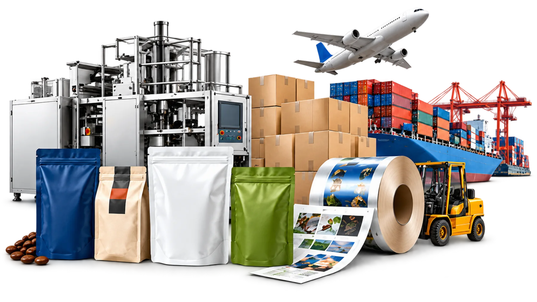A packaging machine behind navy, kraft, white and green stand-up pouches, stacked export cartons, a printed film reel, a forklift, a container ship and a cargo aircraft — ALLWINS Group's machinery, materials and global sourcing divisions