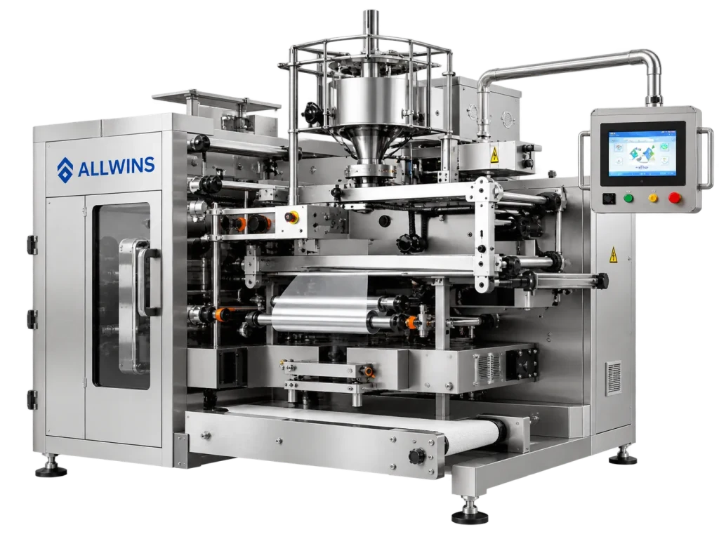 ALLWINS vertical form fill seal packaging machine with rotary filler, film reel and touchscreen control panel