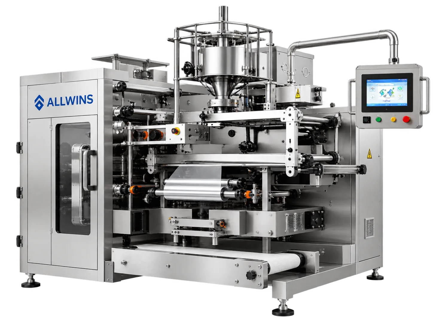 ALLWINS vertical form fill seal packaging machine with rotary filler, film reel and touchscreen control panel