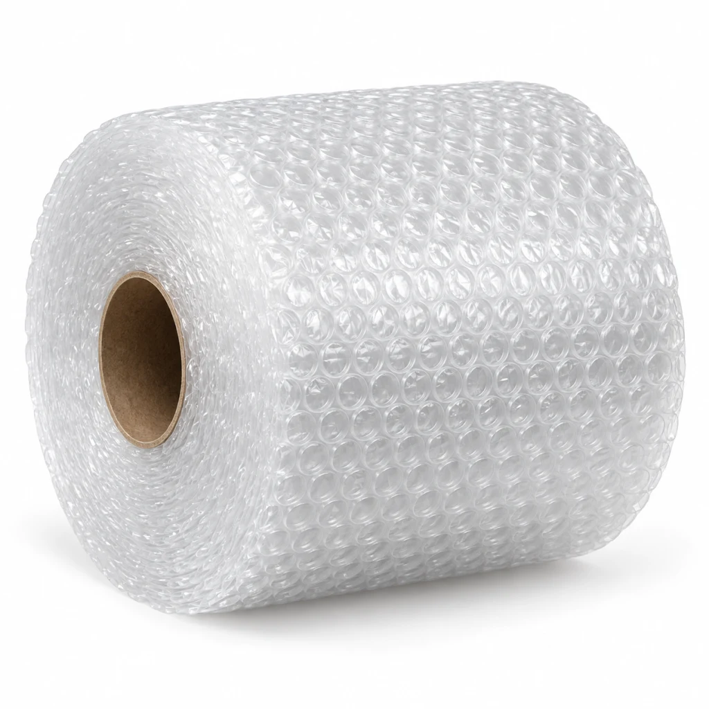 Roll of clear bubble wrap on a cardboard core, seen from the end