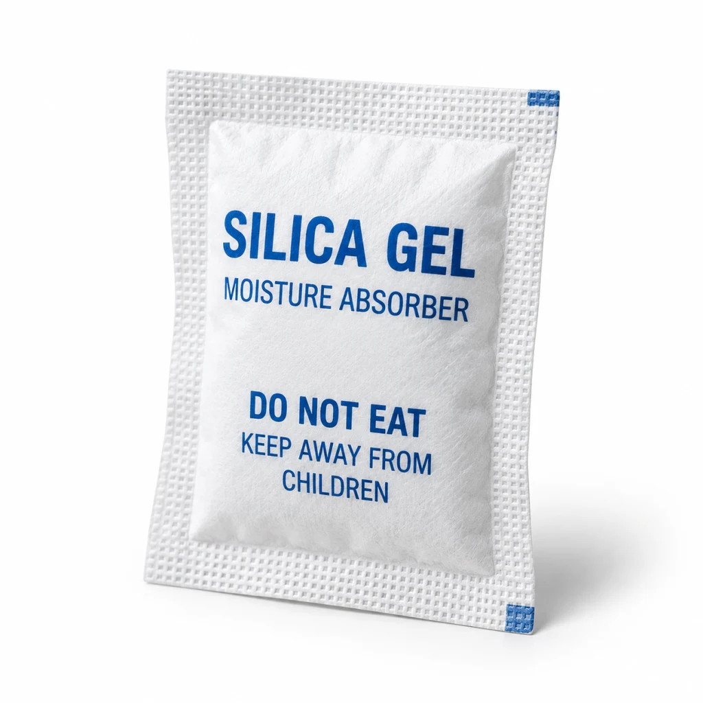 Silica gel desiccant sachet in a white non-woven pouch, printed DO NOT EAT