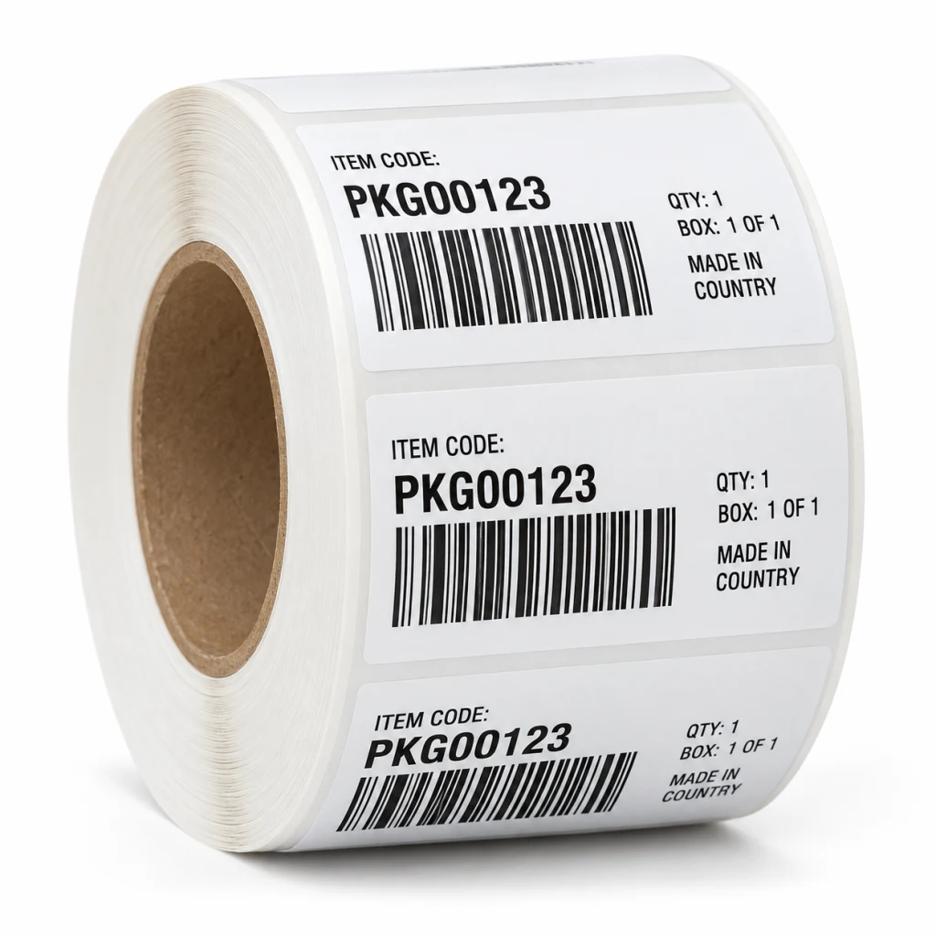 Roll of printed carton marking labels carrying item code, quantity and barcode