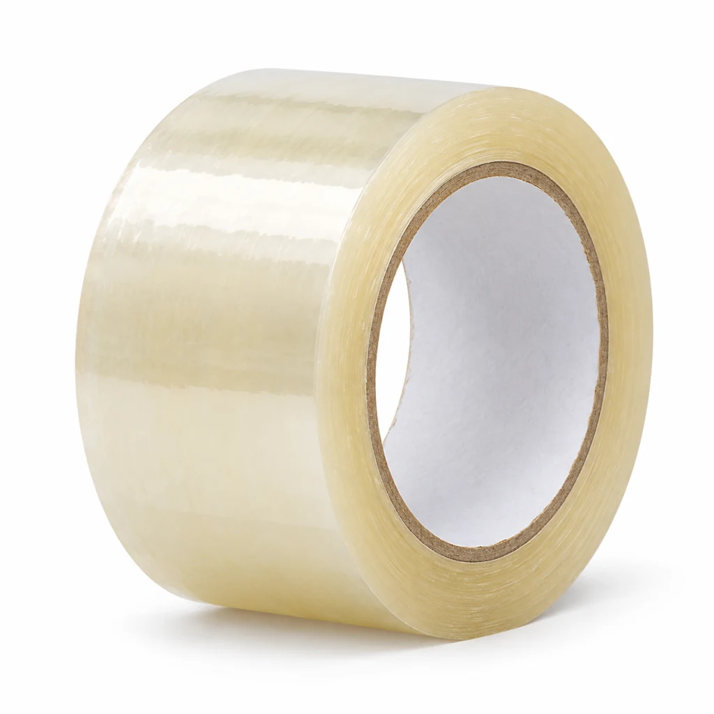 Roll of clear BOPP packaging tape seen from the end
