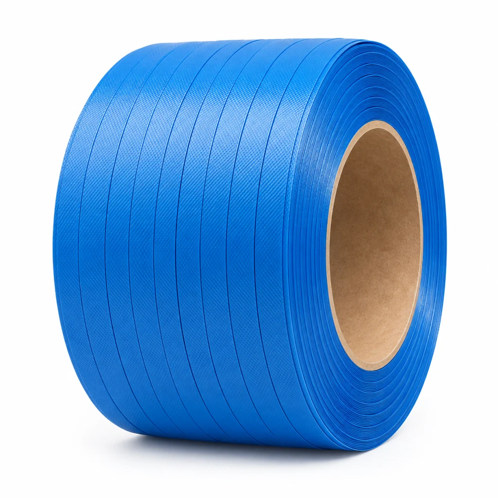 Coil of blue polypropylene strapping on a cardboard core