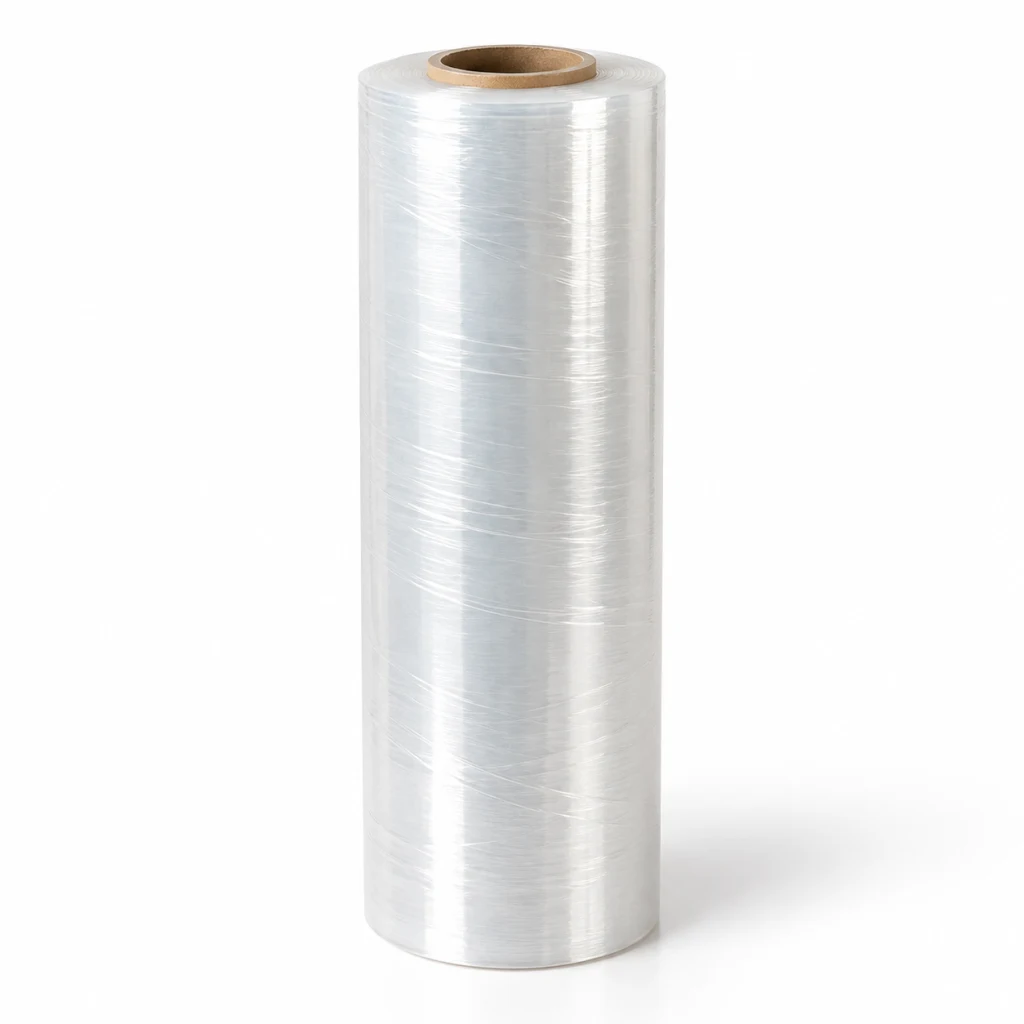 Roll of clear machine stretch film standing on end