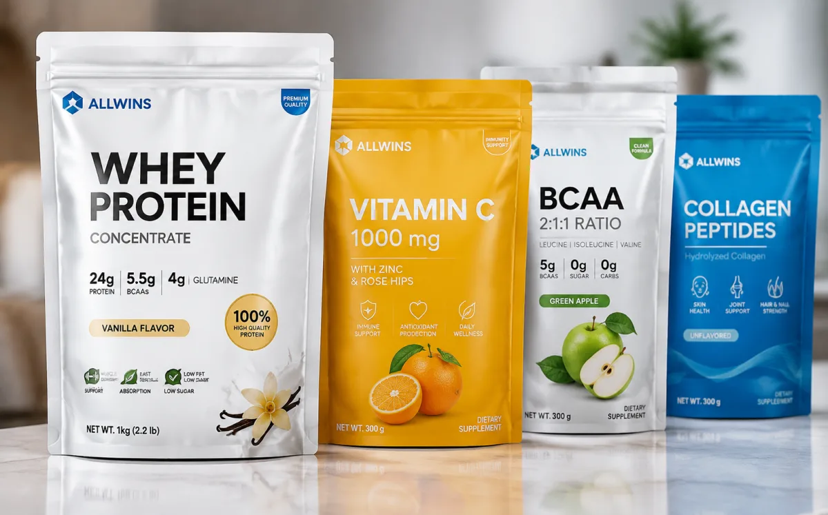 ALLWINS whey protein, vitamin C, BCAA and collagen peptide stand-up pouches in white, amber, green and blue — choosing flexible packaging materials