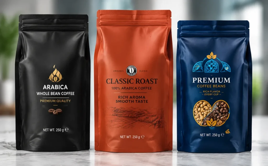 Black arabica, terracotta classic roast and navy premium flat-bottom coffee bags on a marble counter — the ALLWINS coffee bag packaging guide