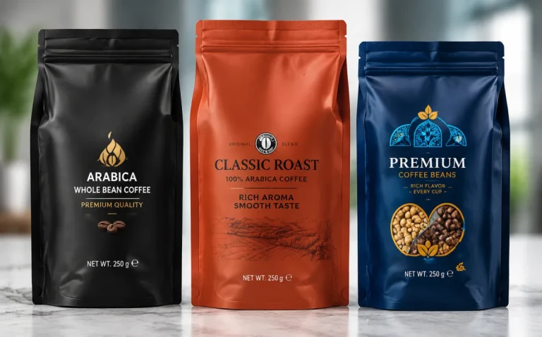 Black arabica, terracotta classic roast and navy premium flat-bottom coffee bags on a marble counter — the ALLWINS coffee bag packaging guide