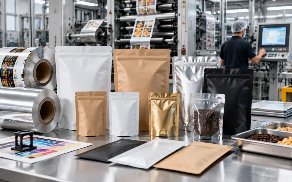 A printing press running printed film reels beside finished kraft and foil pouches on a factory floor