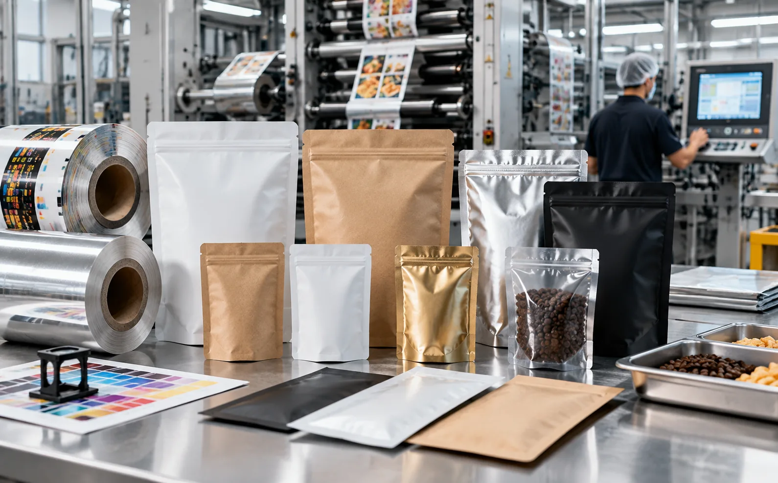 A printing press running printed film reels beside finished kraft and foil pouches on a factory floor