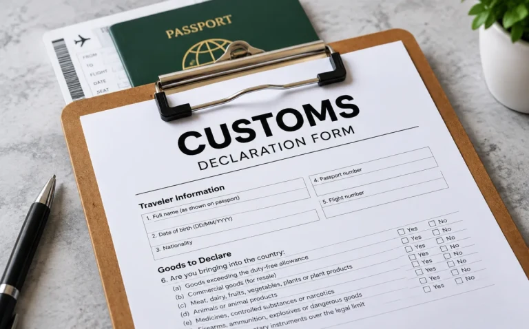 A customs declaration form on a clipboard beside a passport, boarding pass and pen — export packaging compliance basics