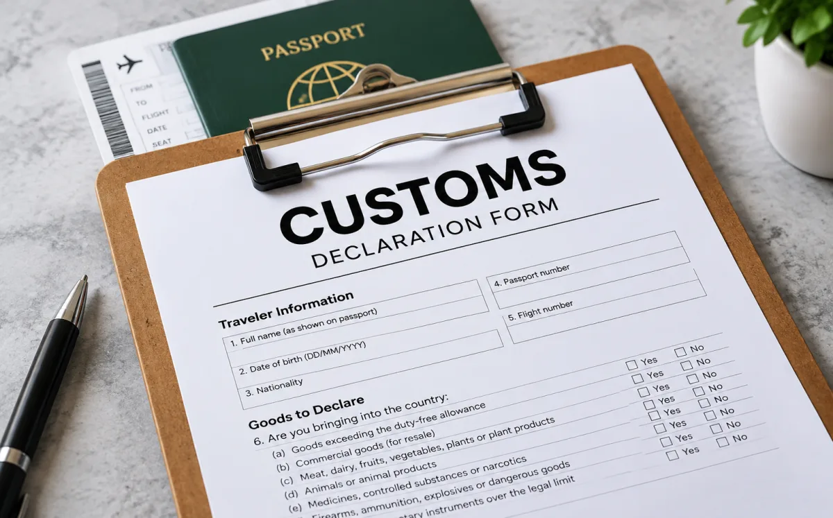 A customs declaration form on a clipboard beside a passport, boarding pass and pen — export packaging compliance basics