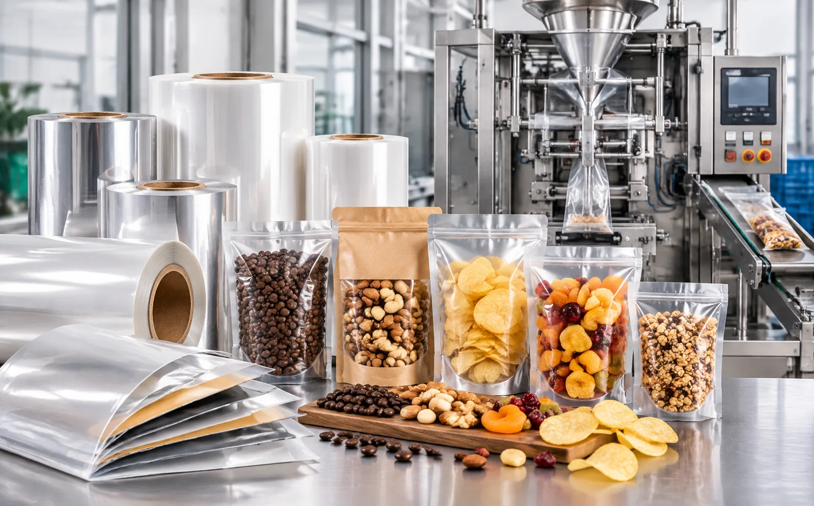 Film reels beside filled snack pouches in front of a vertical form-fill-seal machine