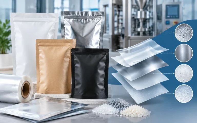 Kraft, foil and black pouches beside separated laminate layers and polymer pellets, showing a film structure layer by layer