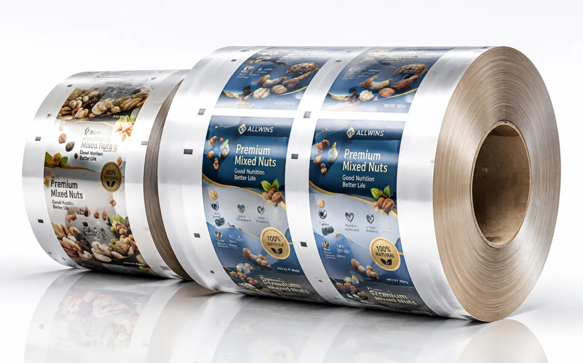 Three printed ALLWINS premium mixed nuts laminate rollstock reels on a white ground — laminate against mono-material packaging structures