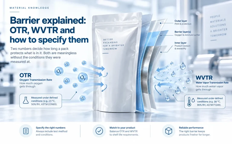 Barrier explained: a stand-up pouch diagrammed with its OTR and WVTR figures and the test conditions they were measured at