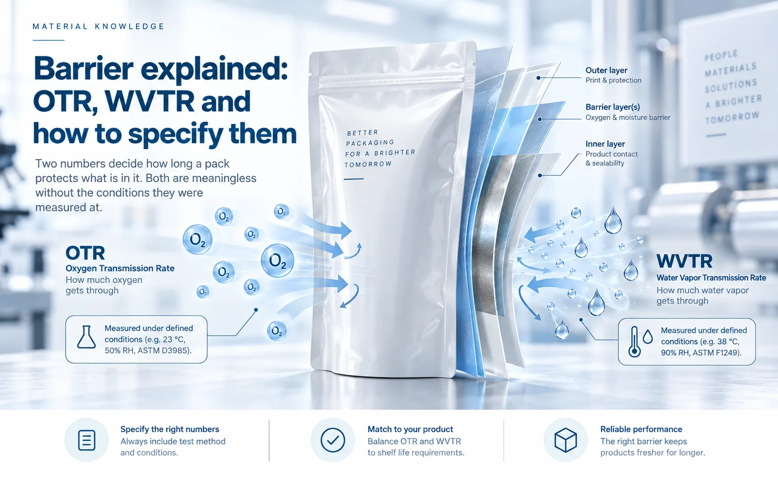 Barrier explained: a stand-up pouch diagrammed with its OTR and WVTR figures and the test conditions they were measured at