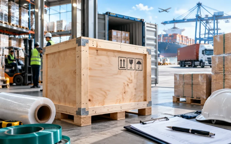 A marked export crate on a pallet in a warehouse with a container port and cargo aircraft beyond it
