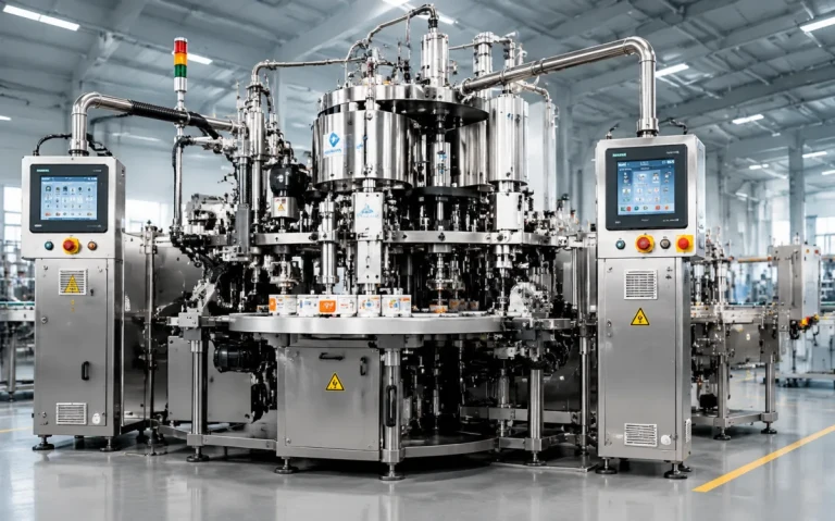 A stainless rotary filling and sealing machine with two control screens running printed cartons through a bright production hall — packaging machinery selection