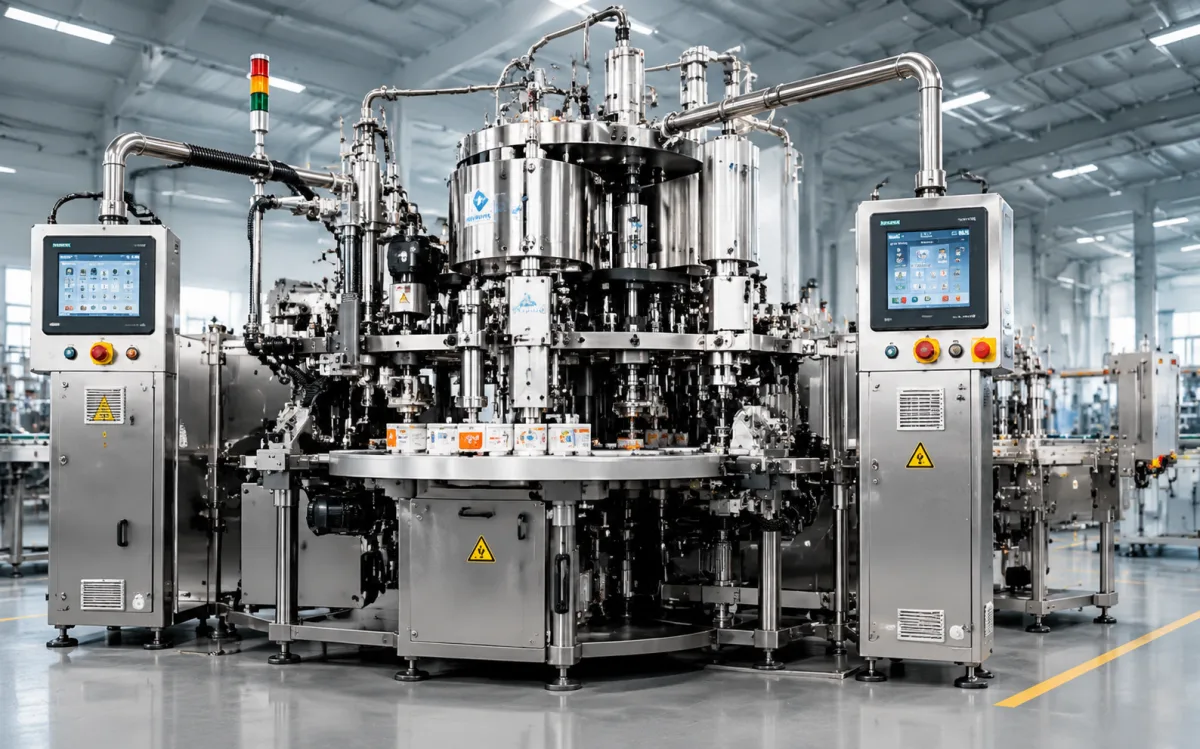 A stainless rotary filling and sealing machine with two control screens running printed cartons through a bright production hall — packaging machinery selection