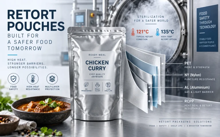 A retort pouch of chicken curry beside an autoclave door, labelled 121 °C and 135 °C with its PET, nylon and aluminium layers