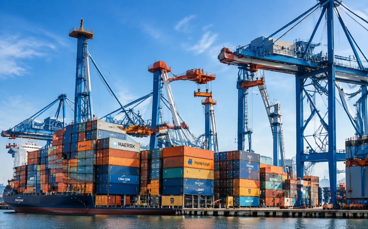 A container ship loaded with Maersk, CMA CGM and Hapag-Lloyd containers under blue quayside gantry cranes — sourcing packaging from China